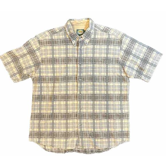 Cabelas Outdoor‎ Gear Gray/Blue Plaid Button Shirt Mens Large Short Sleeve - Picture 1 of 9